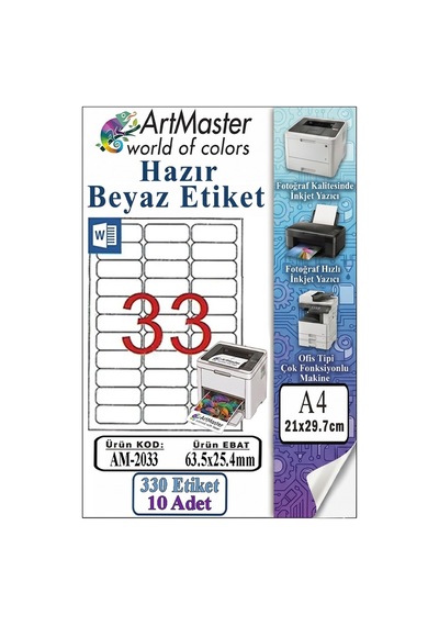 A4 Hazır Beyaz Etiket 63.5x25.4mm 10 Sayfa 1 Paket 33 Lü Kendinden Yapışkanlı Fotokopi Lazer İnkjet Kağıdı Yazıcılarla