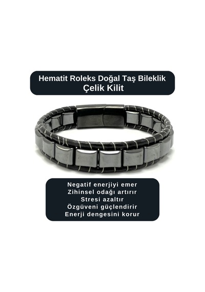 Sertifikalı Hematit Roleks Doğal Taş Bileklik Çelik Kilit Çok Renkli