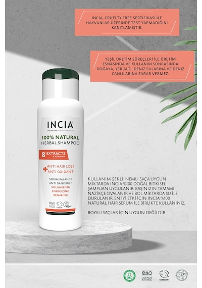 INCIA %100 Doğal Saç Dökülmesine Karşı Etkili Şampuan 8 Değerli Bitki Eki Vegan  275 ML