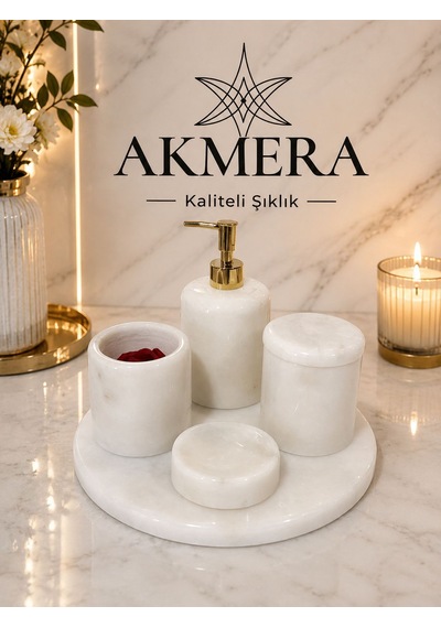 Akmera Elite 5 Parça %100 Gerçek Mermer Banyo Seti Beyaz - Gümüş