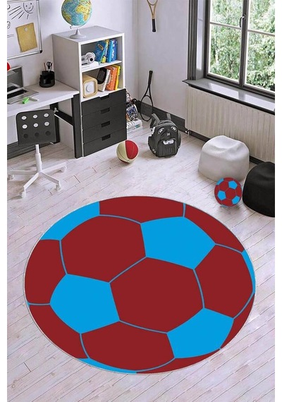 Bordo Ve Mavi Kaymaz Yuvarlak Top Taraftar Halısı Vh0083n11 Bordo - Mavi