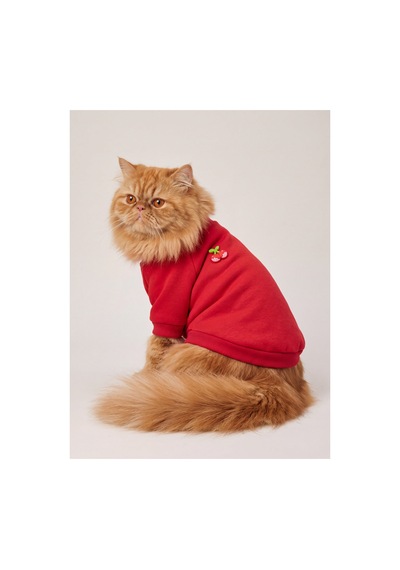 Kiki Kiraz Detaylı Kırmızı Kedi Polar Sweatshirt