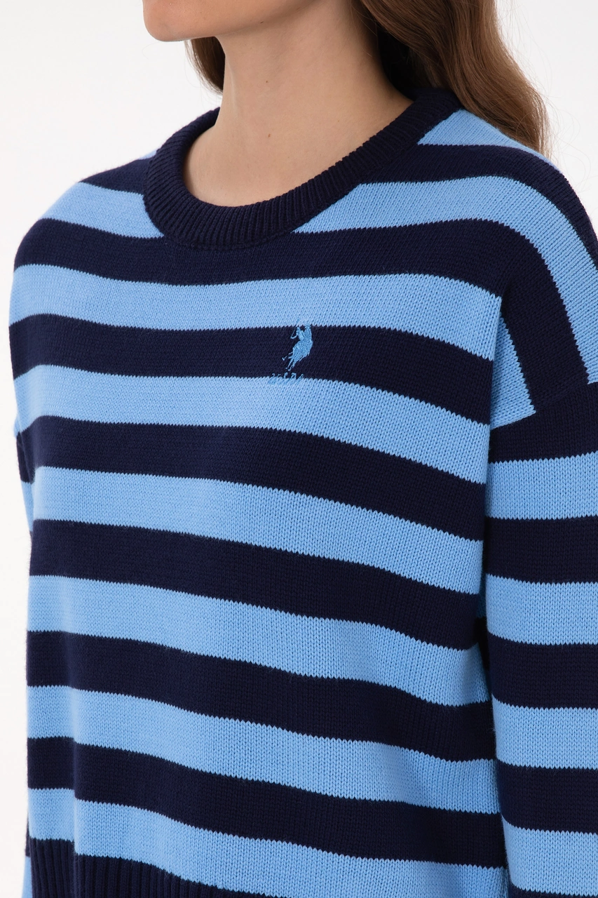 U.S. Polo Assn. Kadın Lacivert Çizgili Bisiklet Yaka Kazak 50314653-VR033