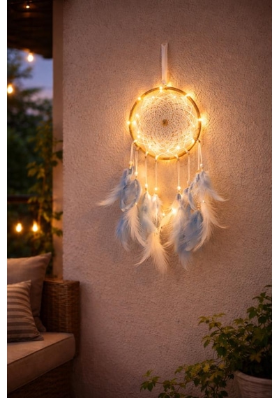 Led Işıklı Düş Kapanı Duvar Süsü Mavi Beyaz Tüylü Makrome Rüya Kapanı Bohem Yatak Odası & Teras