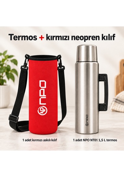 Npo Nt01 2 Katman Vakum Teknolojili 24h Sıcak 48hsoğuk 72hbuzlu Koruma Çelik Termos Kırmızı Kılıflı