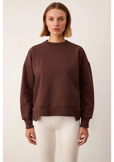 Benerly Kadın Bisiklet Yaka Düşük Kol Pamuk Sweatshirt Fonksiyonel D Koyu Kahverengi