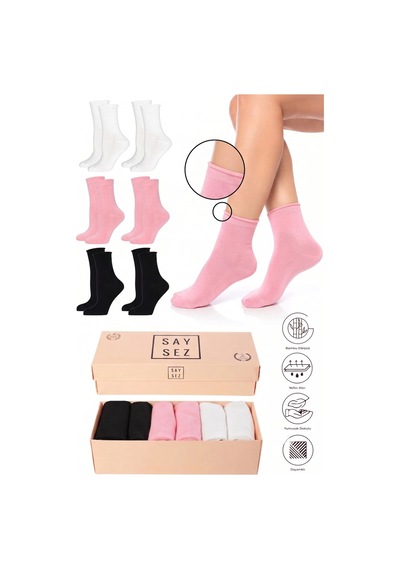 Saysez Bambu Kadın Lastiksiz Siyah-beyaz-pembe Soket Dikişsiz Premium Çorap Kutulu 6'lı / İz Bırakmaz / Sıkmaz Çok Renkli