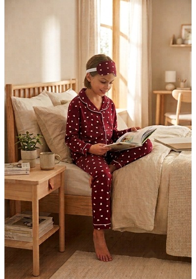 Ahengim Kız-erkek Çocuk Çizgili Kalpli Puantiyeli Desenli Pamuklu Pijama Takımı Göz Bantlı 3 Lü Set Ak2610 Bordo Ahengim Kız-erkek Çocuk Çizgili Kalpli Puantiyeli Desenli Pamuklu Pijama Takımı Göz Bantlı 3 Lü Set Ak2610 Bordo