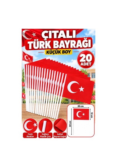 Çıtalı Bayrak Kağıt 20x12 Cm 20 Adet Ay Yıldızlı Türk Bayrağı Çıtalı Sopalı Küçük Bayrak Plastik Çubuklu Bayrak Diğer