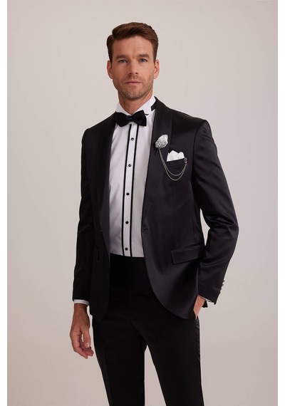 Ysf Erkek Siyah Slim Fit Şal Yaka Damatlık