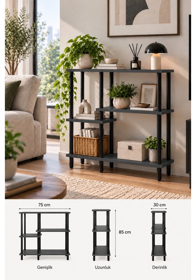 Modern 4 Raflı Kitaplık Salon Düzenleyici Metal Ayaklı Dekoratif Kitaplık Ve Çok Amaçlı Raf Ünitesi Antrasit Modern 4 Raflı Kitaplık Salon Düzenleyici Metal Ayaklı Dekoratif Kitaplık Ve Çok Amaçlı Raf Ünitesi Antrasit