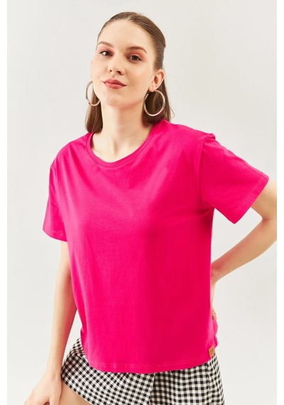 Kadın Oversize Rahat %100 Pamuklu Penye Bisiklet Yaka Kısa Kol Basic T-shirt Fuşya