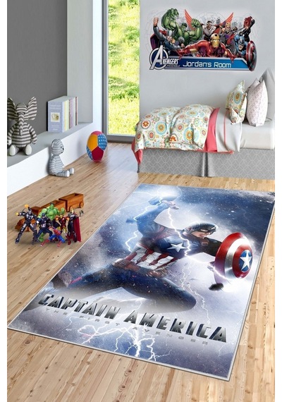 West Home Makinede Yıkanabilir Kaymaz Taban Leke Tutmaz Süper Kahraman Desenli Çocuk Halısı Wh 518 Blue