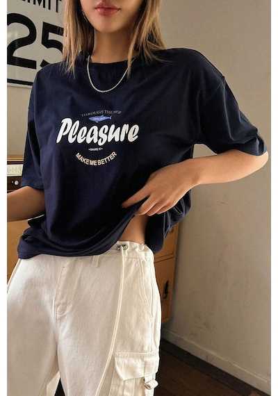 Uyguntarz Unisex Pleasure Baskılı Oversize Tshirt Lacivert