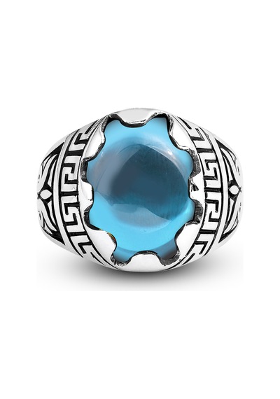 Kuyumcudukkani Düz Oval Kubbe Kesim Taşlı Gümüş Erkek Yüzük-60003-w-blu 24 Beyaz