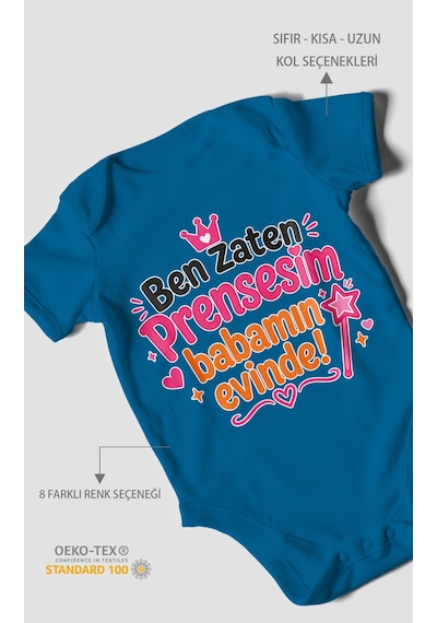 Morivokids Ben Zaten Prensesim Babamın Evinde Kısa Kollu Bebek Body %100 Pamuk Koyu Mavi