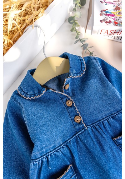 Babymod Bebe Yaka Denim Cep Detaylı Kız Bebek Kot Tulum mavi