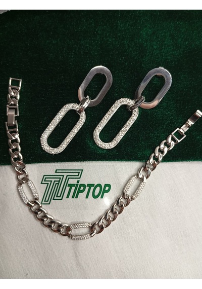 Tiptop/ Gümüş Renk Zirkon Taşlı Sallantılı Model Çelik Küpe -zincir Model Zirkon Taşlı Bileklik Gümüş
