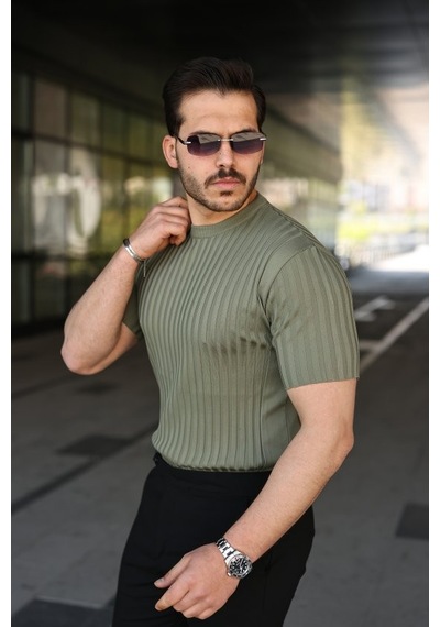 Veraura Lifestyle Erkek Fitilli Bisiklet Yaka Kısa Kollu Tişört haki
