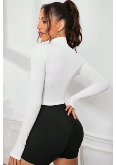 Genel Markalar Fermuarlı Uzun Kollu Parmaklık Detaylı Dik Yaka Crop Top Bluz Beyaz BEYAZ