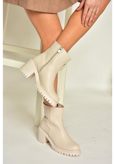 Fox Shoes T726911109 Bej Kalın Topuklu Kadın Bot Bej-suni Deri Bej