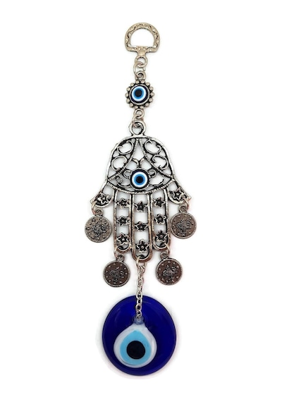 Fatma Eli - Hamsa Metal Duvar Süsü Cam Nazarlık Sallantılı 20x6cm