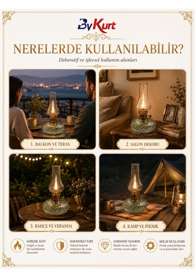 Gaz Lambası Cam Hazneli Dekoratif Nostaljik Kamp Piknik Bahçe Balkon Masa Üstü Aydınlatma Şeffaf