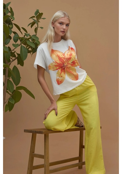 Hiccup Baskı Detaylı Regular Fit Bisiklet Yakalı %100 Pamuklu T-shirt Soluk Turuncu