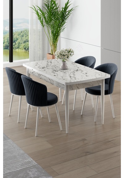 Canisa Asfel Serisi Mdf 77x130 Beyaz Mermer Desen Yandan Açılabilir Mutfak Masa Takımı 4 Antrasit Sandalye Beyaz Mermer Desen Masa Antrasit Sandalye