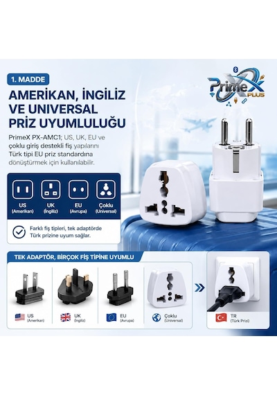 Primex Px-amc1 Universal Priz Dönüştürücü, Amerikan Priz Ve İngiliz Priz Türk Çevirici Adaptör, Us/uk To Eu Türk Fiş Adaptörü Seyahat Tipi Çevirici Çok Renkli