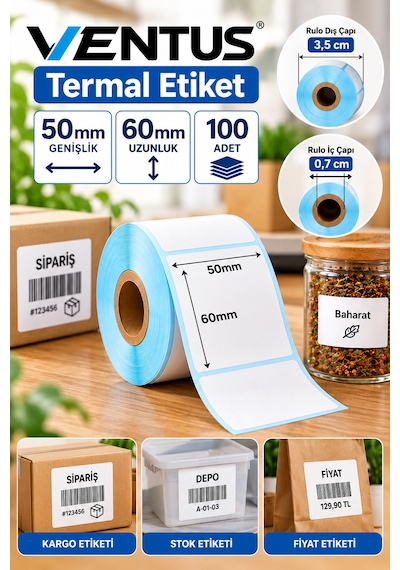 Ventus 50mmx60mm Termal Etiket 1 Rulo 100 Etiket