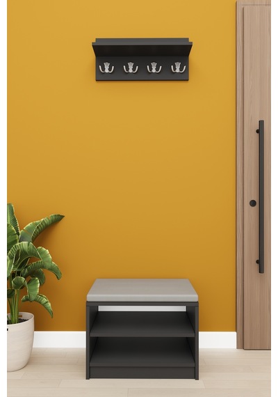 Lüks Puflu Ayakkabılık ve Askılık %100 MDF 2 Raflı Portmanto Seti A33