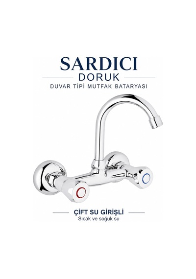 Sardıcı Doruk Krom Duvar Tipi Dik Borulu Mutfak Evye Bataryası Çift Su Girişli Dirsek Rozet Takımı Dahil