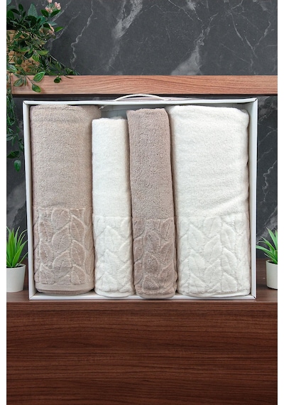 Hazal %100 Pamuklu Kutulu 4'lü Banyo Havlu Seti Hamam Takımı 50x90 - 90x150 Bej-krem - 00081 Bej
