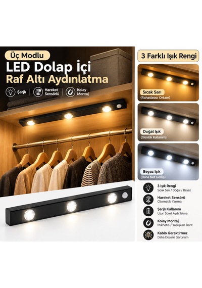 Dolap Raf İçi Mutfak Tezgah 3 Renkli Aydınlatma Hareket Sensörlü 40 Cm Led Şarjlı .