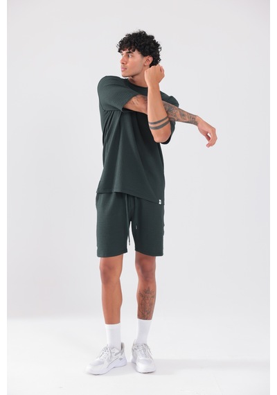 Rowinger Waffle Dokulu Oversize T-shirt Ve Şort Erkek Takım Darkgreen