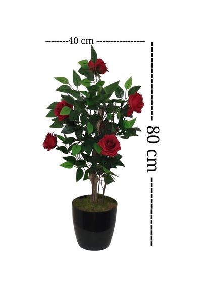Gül Ağacı Kırmızı Doğal Görünümlü Çalılı Lüks Yapay Çiçek 80cm