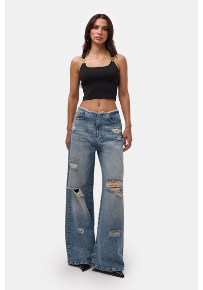 it's basic Kadın Kot Rengi 12s6-32 Straight Fit Yırtık Detaylı Tasarım Denim Jean Mavi