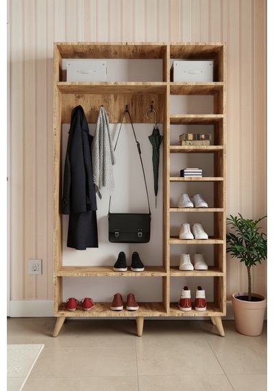 Alara Tamamı Mdf Aynalı Portmanto Vestiyer Ayakkabılık Çam 120 Cm - M4
