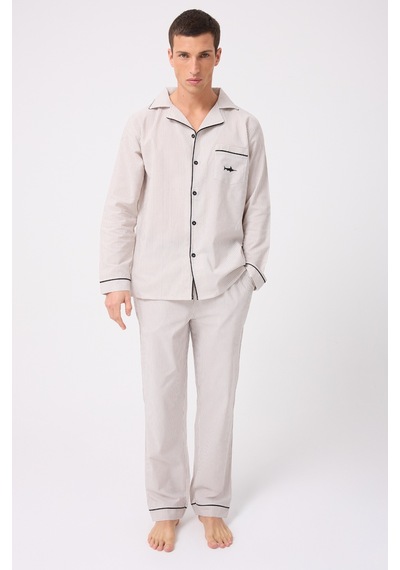 L'espadon Marısılk Premium Dokuma Uzun Kollu Uzun Paçalı Erkek Pijama Takımı-3203 Bej