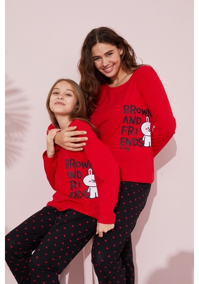 Siyah İnci Pamuklu Örme Pijama Takım 24241083 Kırmızı
