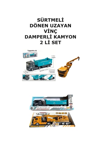 Sürtmeli Dönen Uzayan Vinç Damperli Kamyon 2 Li Set 25 Cm