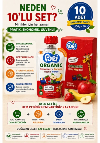 Organic Çilekli, Muzlu Elma Püresi 100 G x 10 %100 Organik İlave Şekersiz 10'lu Paket