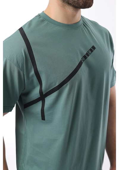 Madmext Yeşil Bisiklet Yaka Şerit Detaylı Pamuklu Erkek T-shirt E7033 Yeşil