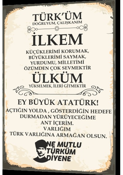Andımız türküm doğruyum çalışkanım Atarük retro ahşap poster