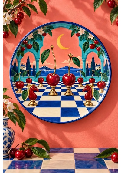 Dekoratif Duvar Tabağı Sürreal Sofra Dekorlu Seramik Tabak Pembe