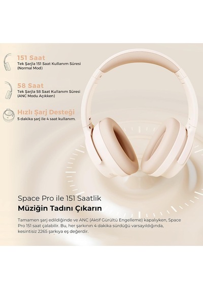 Space Pro Hi-res Ldac Bluetooth 5.4 Tws Kablosuz Kulak Üstü Kulaklık Bej