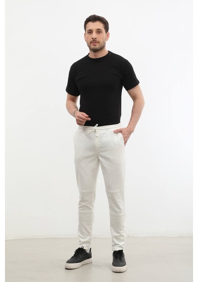 Blue White Erkek Beli Lastikli Likralı Pantolon Beyaz