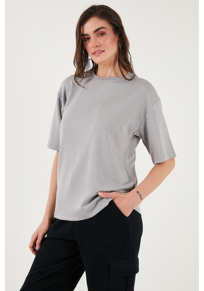 Lela Streç Oversize Fit Bisiklet Yaka Bayan T Shirt 5865911 Gri