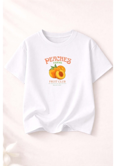 Herkesemoda Peaches Baskı Detaylı Kadın Bisiklet Yaka Pamuklu T-shirt Beyaz